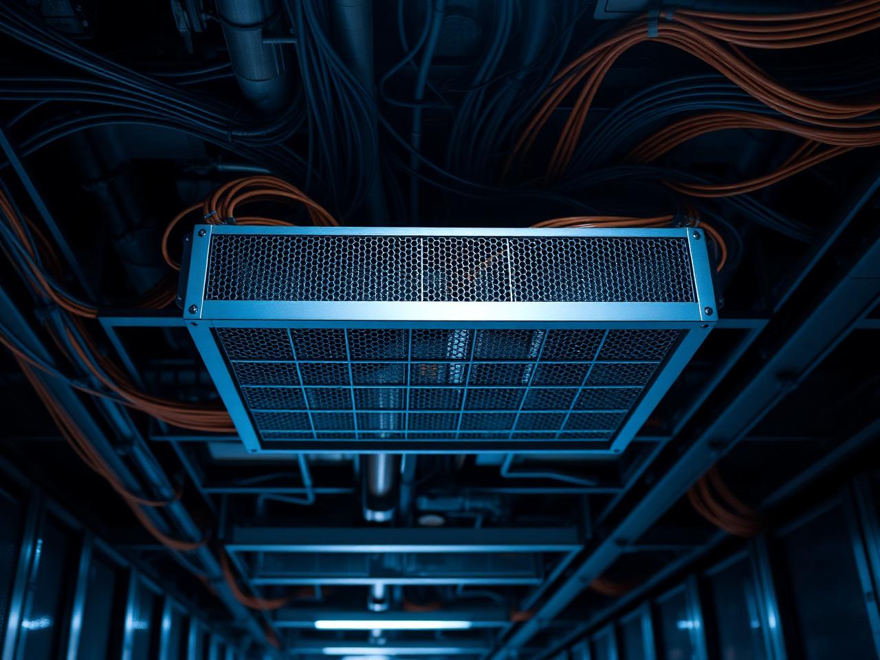 Overhead cable containment basket carrying structured cabling in a data hall