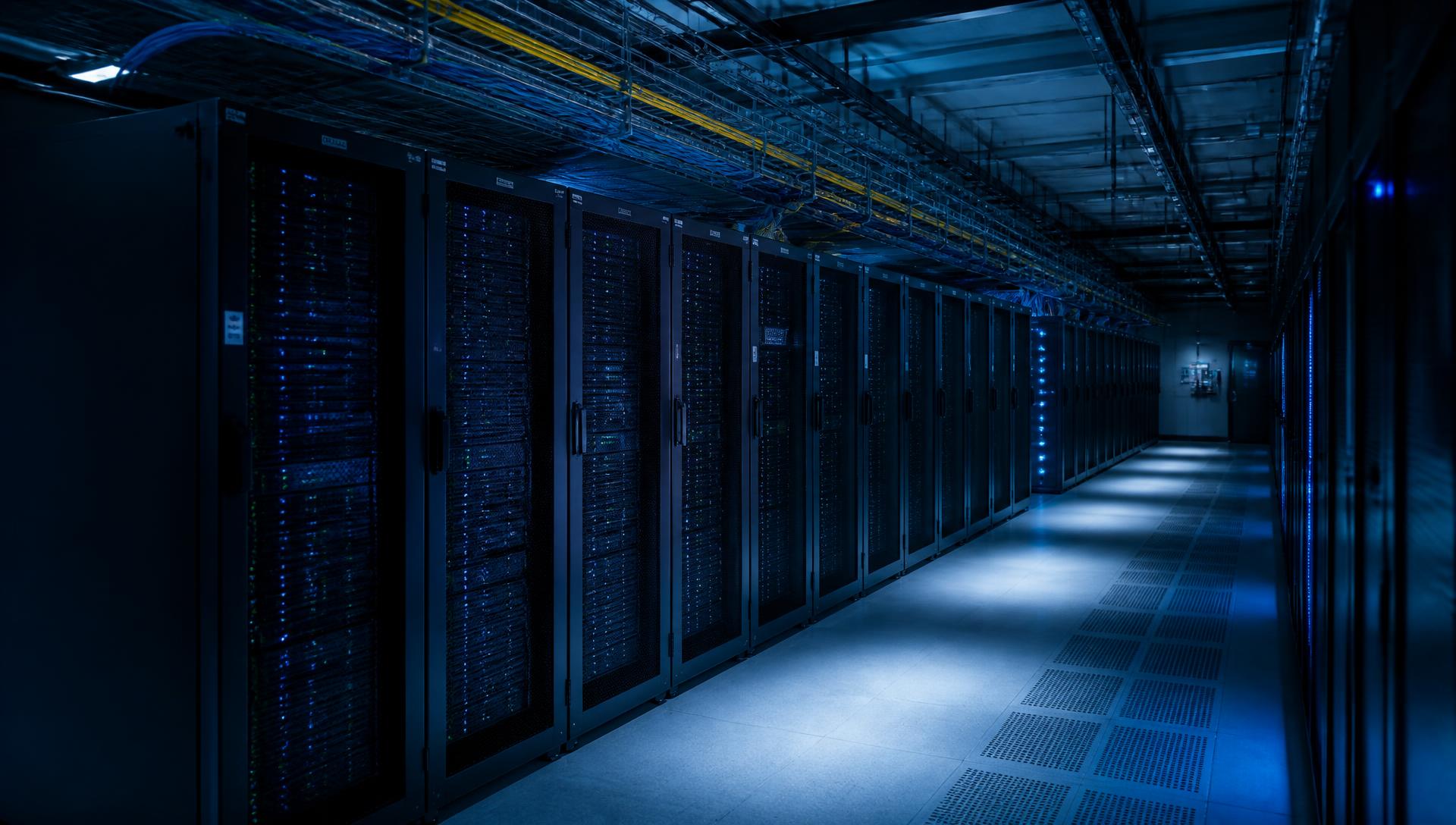 Row of server racks in a data centre hall with overhead fibre containment
